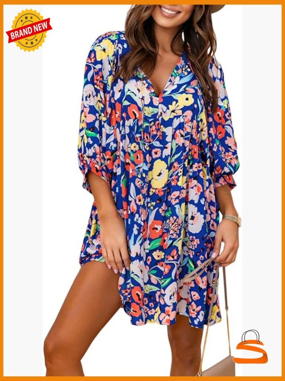 V-Neck Floral Mini Tunic Dress with Puff Sleeves Bohemian